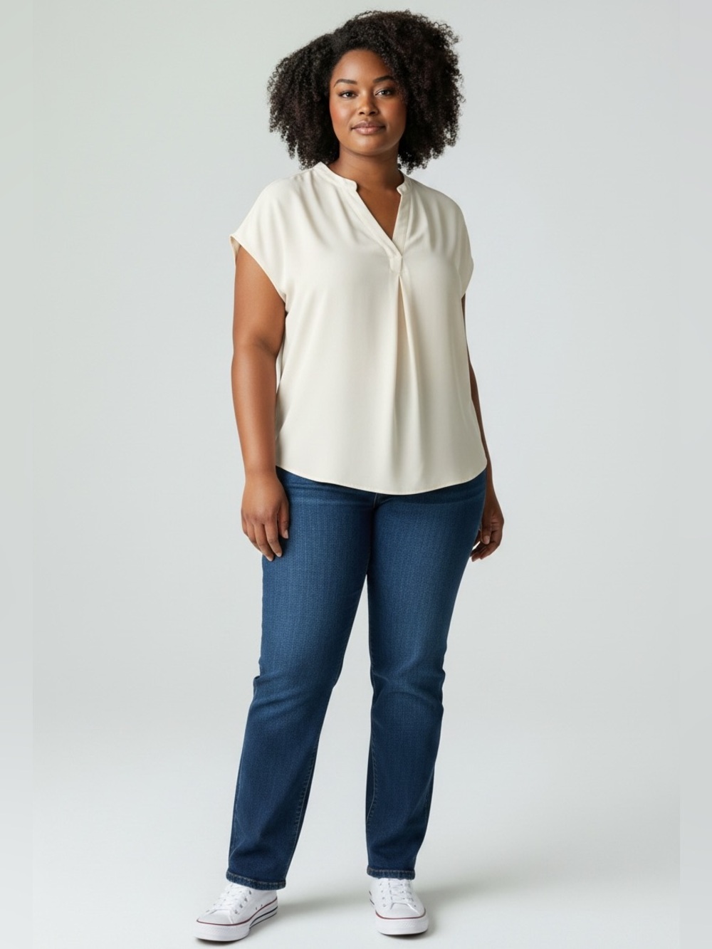 MELLODAY Ivory Cream V-Neck Cap Sleeves Blouse